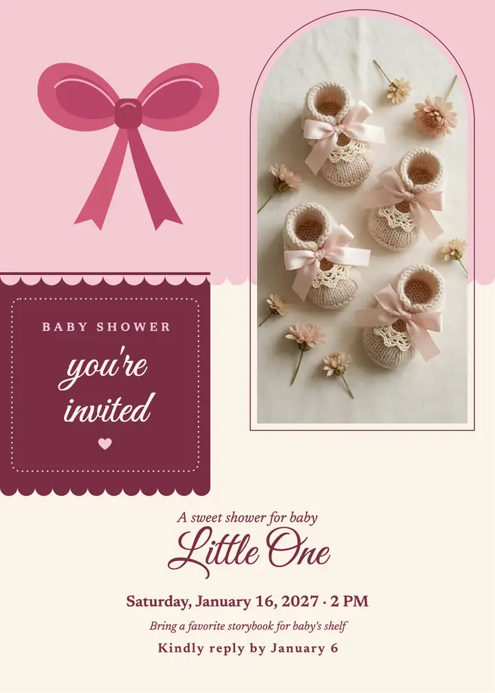 Baby shower invitation, coquette ribbon and booties template