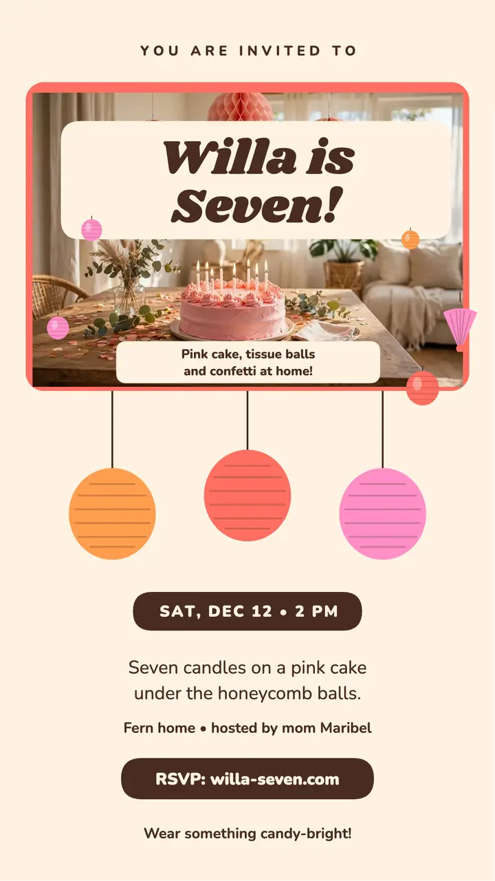Willa seven birthday cake party story template