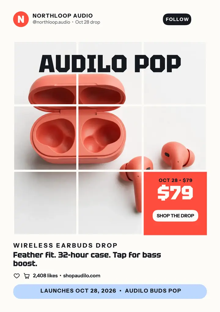 Audilo Buds Pop coral grid launch flyer template