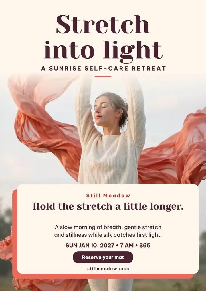 Still Meadow sunrise stretch retreat flyer: self-care retreat flyer template