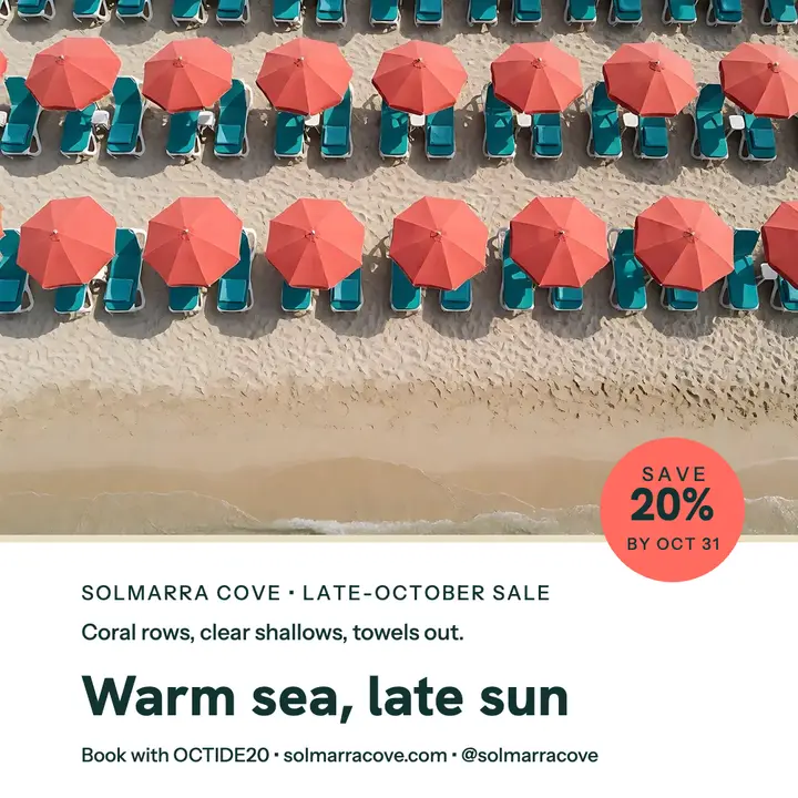Solmarra Cove coral umbrella getaway post template