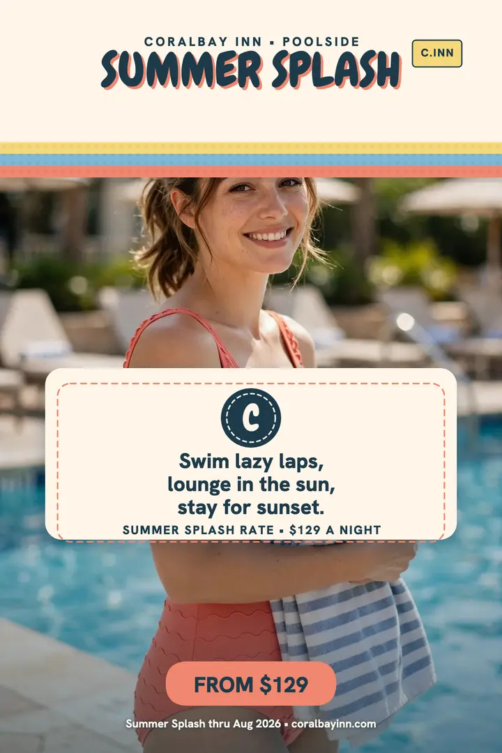 Coralbay Inn summer splash pool poster: hotel pool deal poster template