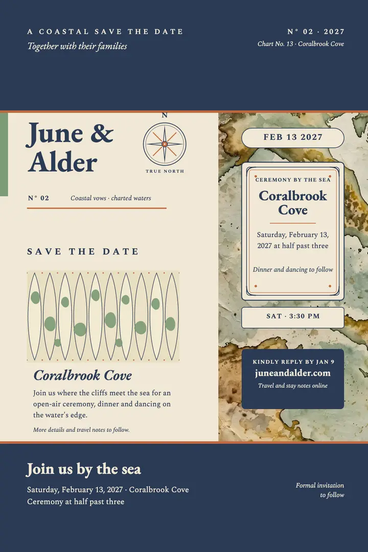 June and Alder coastal save the date poster: save the date poster template