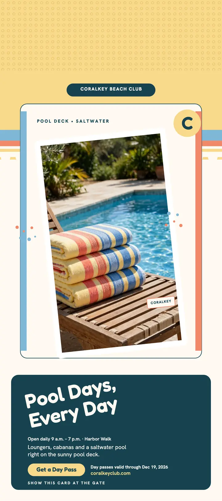 Coralkey Beach Club pool days rack card template