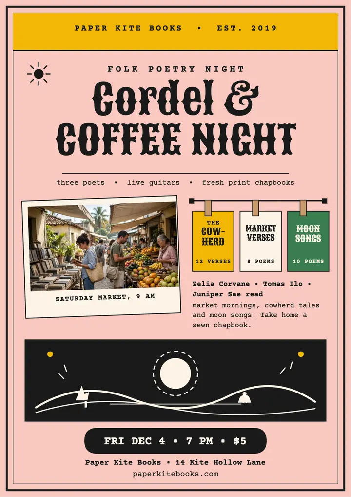 Cordel and Coffee folk poetry night flyer template