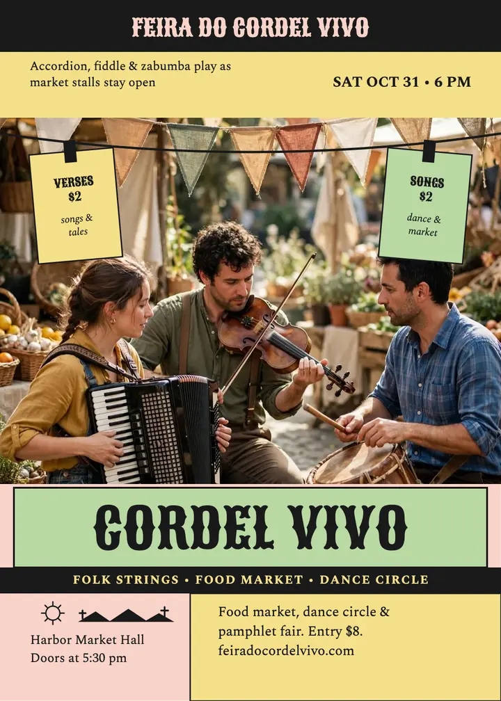 Feira do Cordel Vivo folk night invitation template