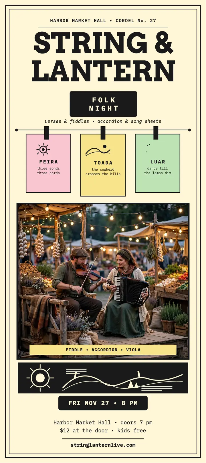 String & Lantern Folk Night rack card: folk music night rack card template