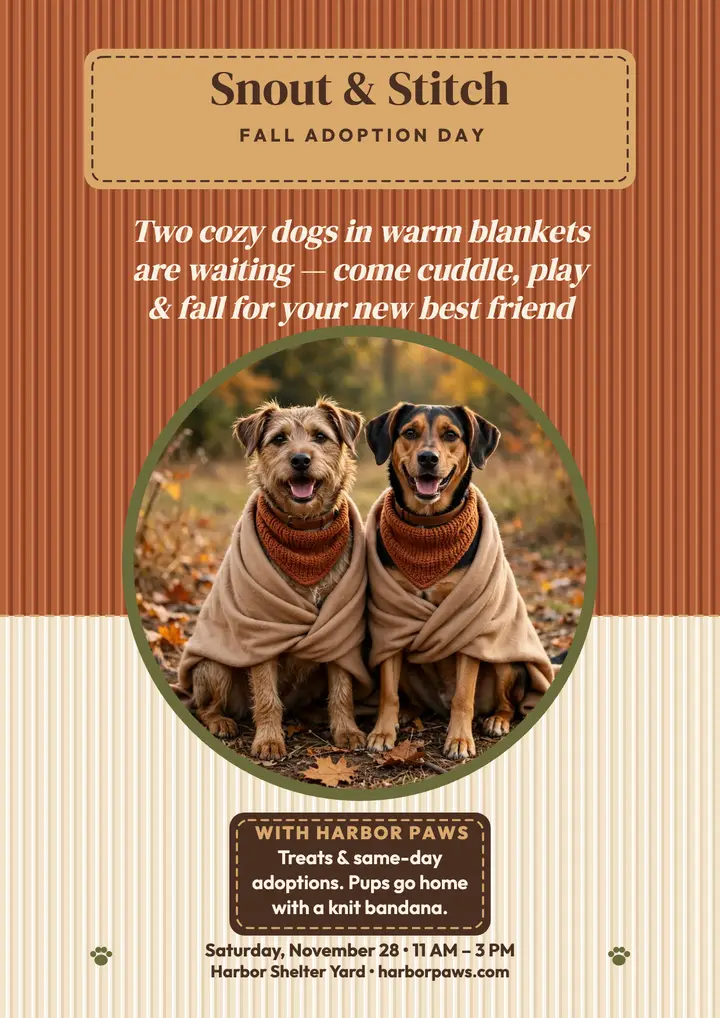 Snout and Stitch fall adoption day flyer: pet adoption flyer template