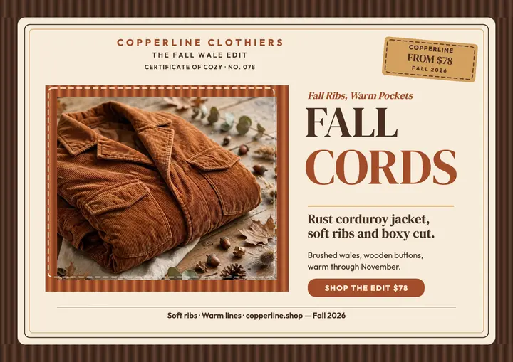 Copperline fall corduroy edit card: corduroy jacket promo template