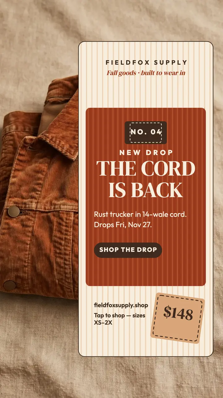 Fieldfox rust cord jacket drop story template