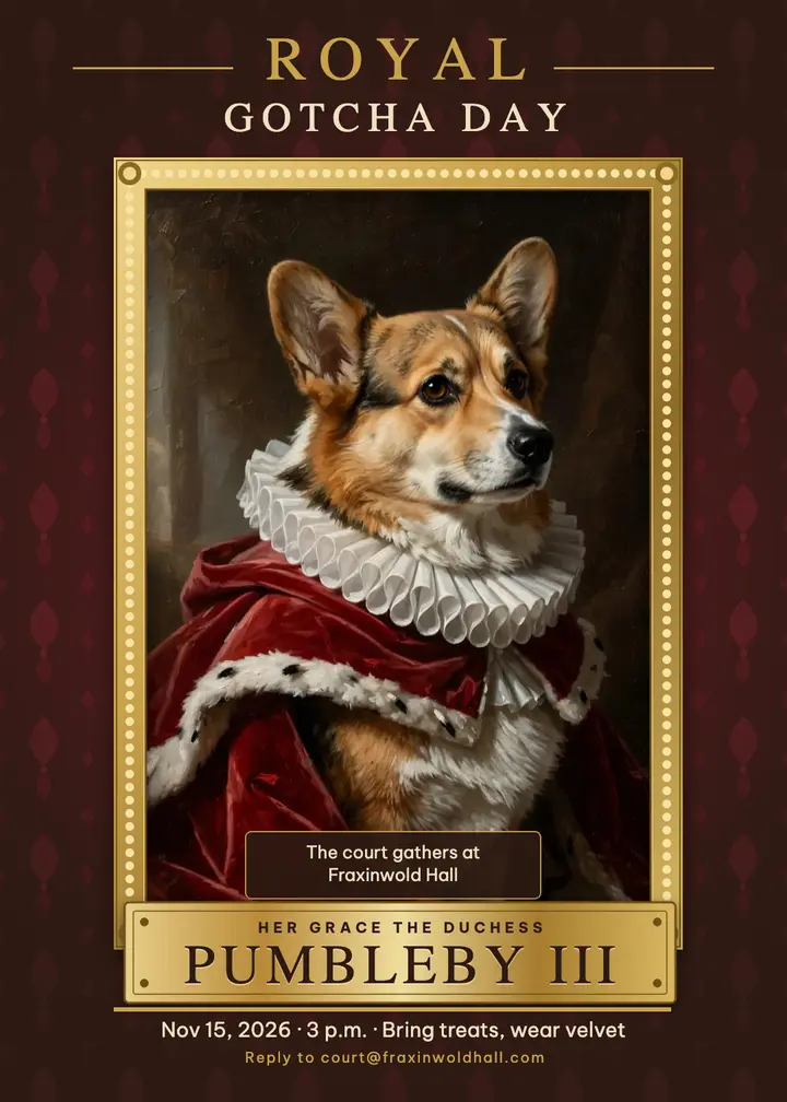 Royal Gotcha Day ball invitation, corgi portrait: gotcha day invitation template