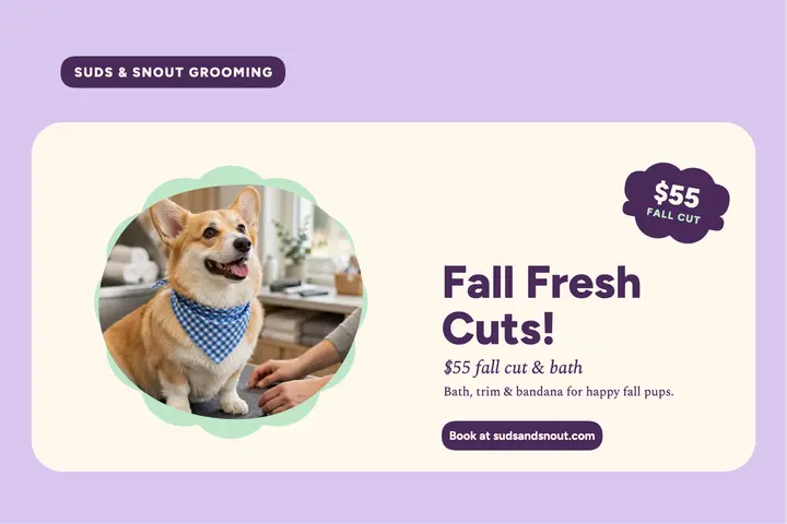 Suds and Snout fall grooming postcard template