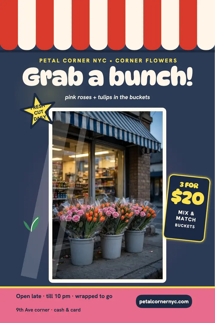 Petal Corner buckets promo poster: flower shop promo poster template