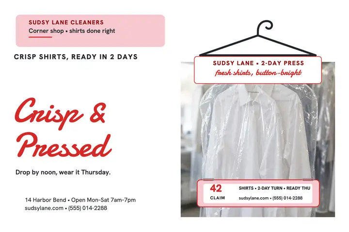 Sudsy Lane Cleaners hanger postcard template