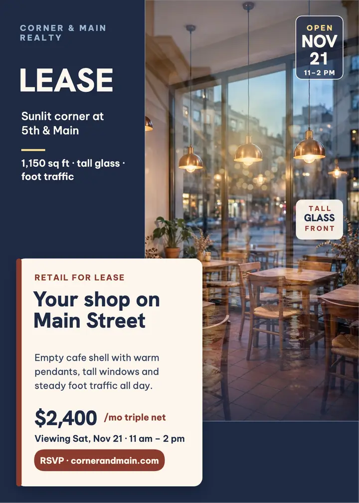 Corner retail lease invitation, dusk glass: retail lease invitation template