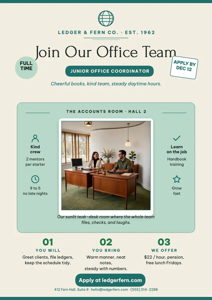 Ledger and Fern hiring flyer, office team: hiring flyer template