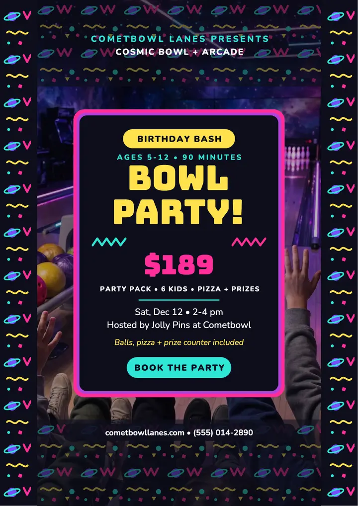 Cometbowl neon bowling birthday flyer template