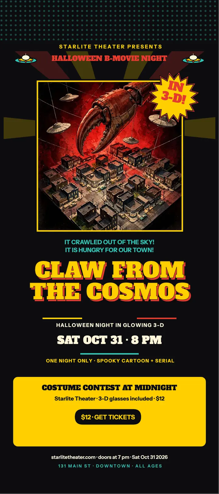 Claw from the Cosmos Halloween rack card: halloween movie night rack card template