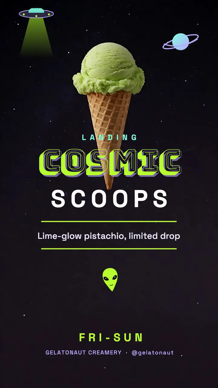 Cosmic Scoops pistachio launch story, alien-core: ice cream flavor launch story template