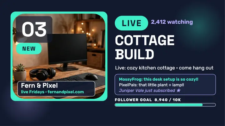 Fern and Pixel cottage build live thumbnail template
