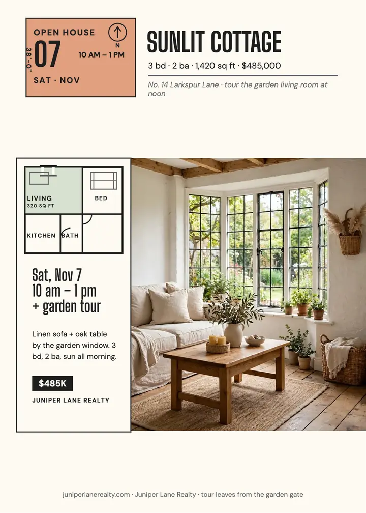 Sunlit cottage open house floor plan invite template