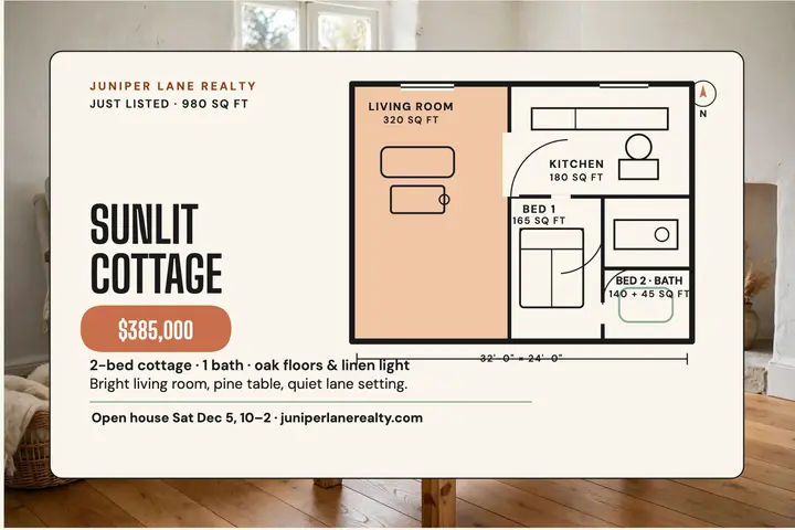 Sunlit cottage floor plan postcard template