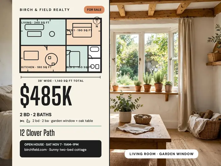 Sunny cottage floor plan listing slide template