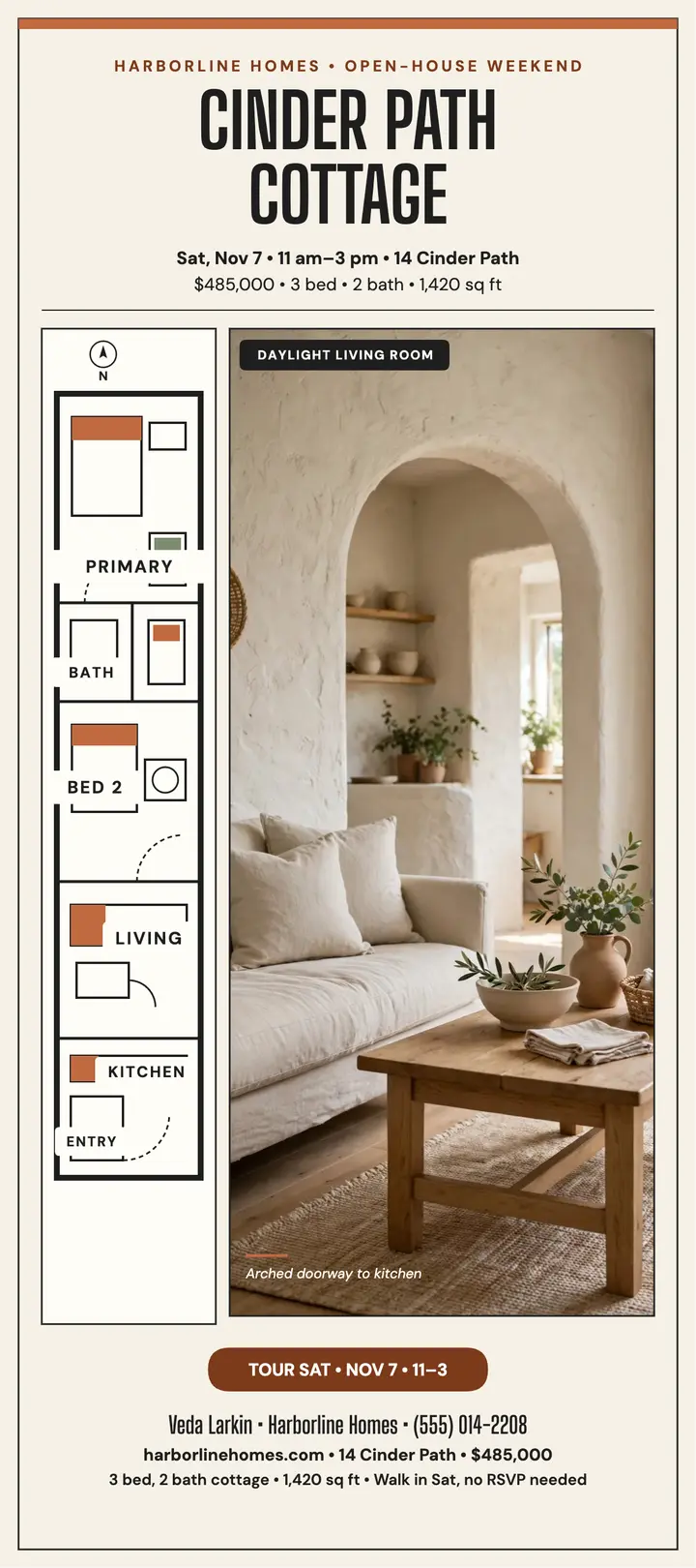 Cinder Path cottage open house plan card template