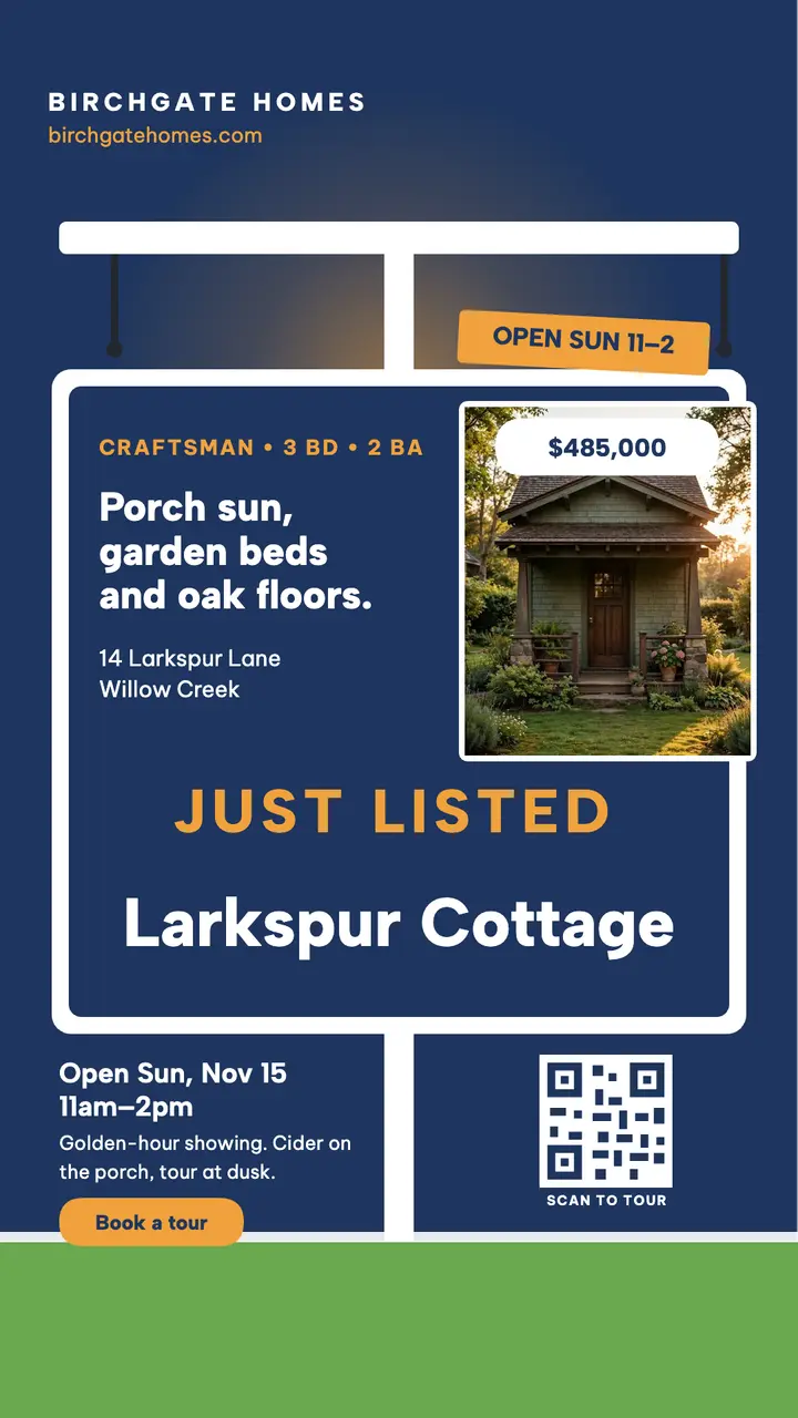 Larkspur Cottage open house yard-sign story template