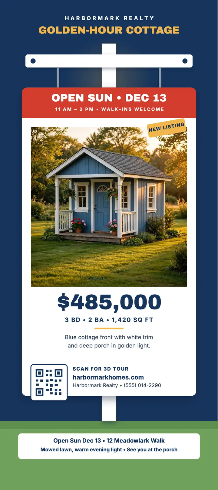 Golden-hour cottage open house rack card: cottage open house rack card template