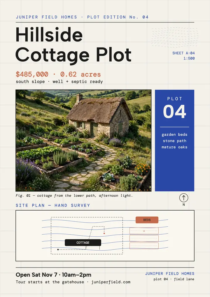 Hillside cottage plot flyer, Juniper Field template