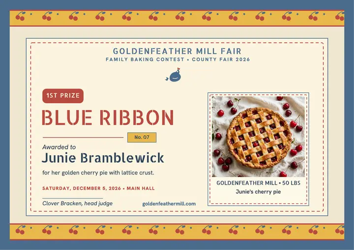Goldenfeather Mill baking winner certificate: baking contest certificate template