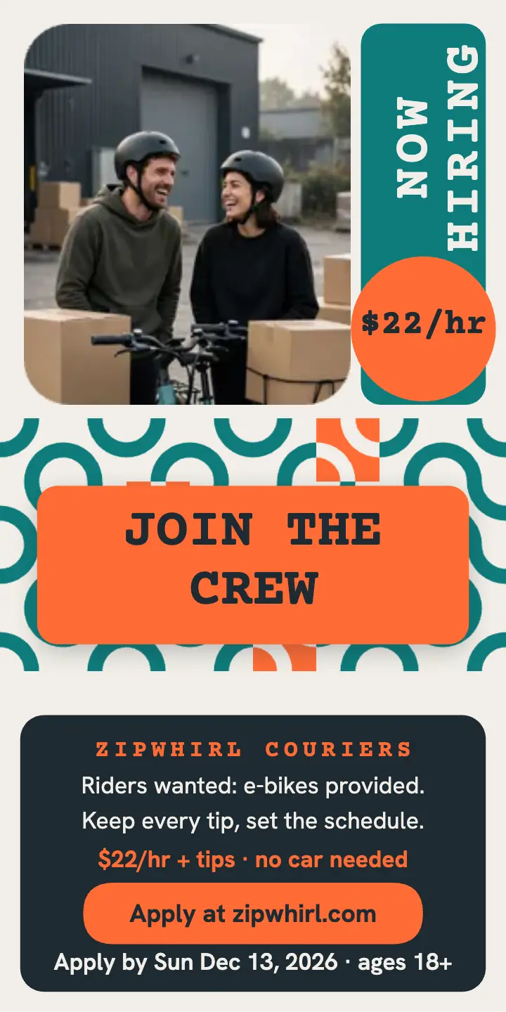 Zipwhirl courier crew hiring half page template