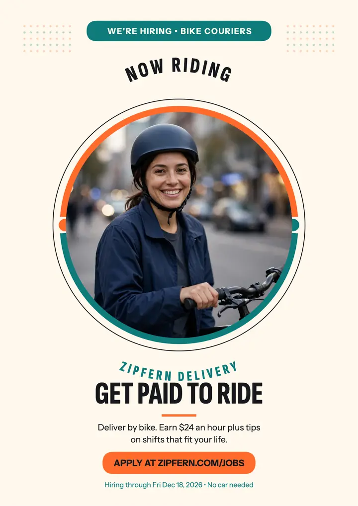 Zipfern bike courier hiring badge flyer template