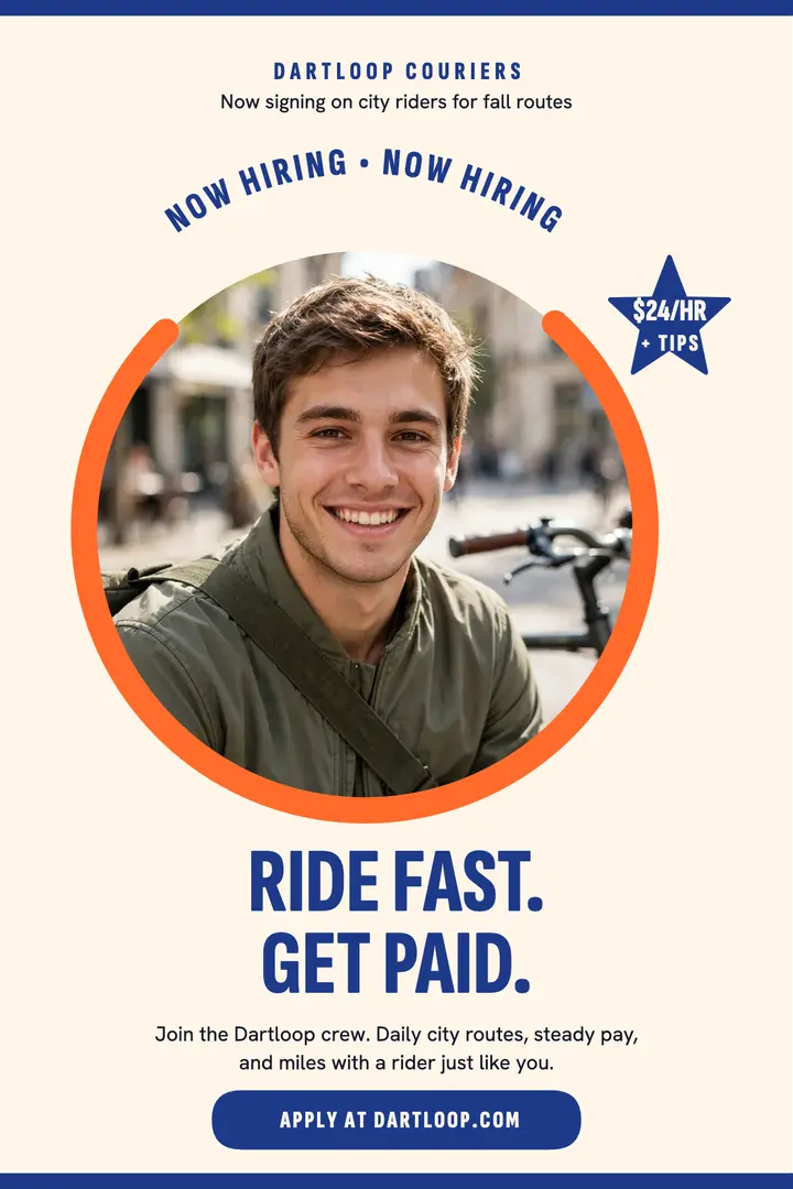 Dartloop Couriers rider hiring poster: bike messenger hiring poster template