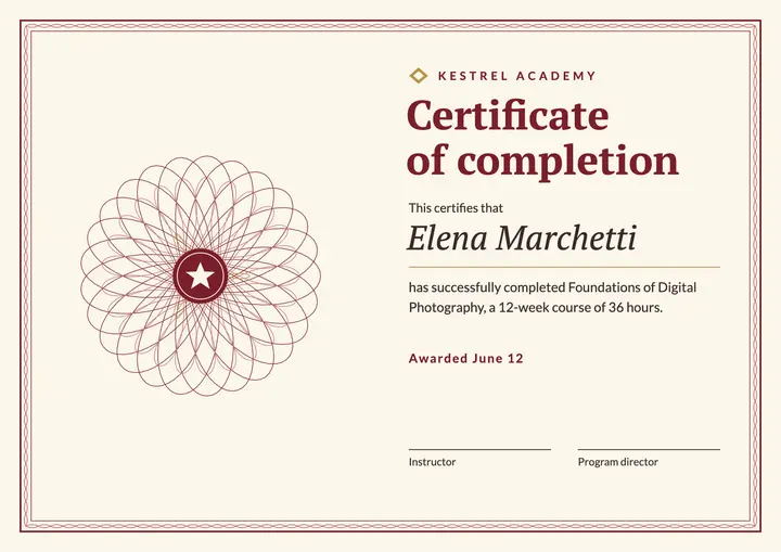 Burgundy certificate of completion template