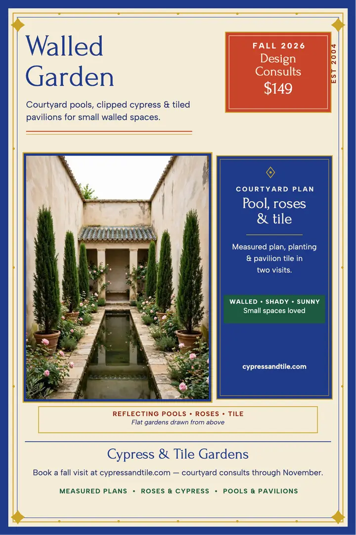 Cypress and Tile courtyard garden poster template