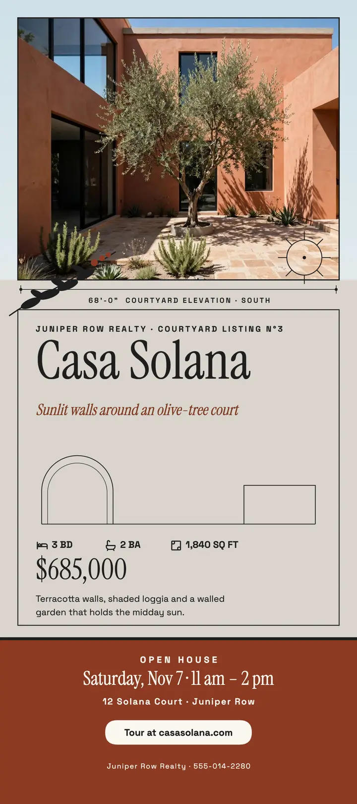 Casa Solana courtyard listing rack card template