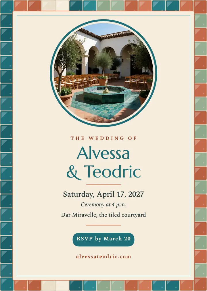 Courtyard tile wedding invitation, zellige glaze template