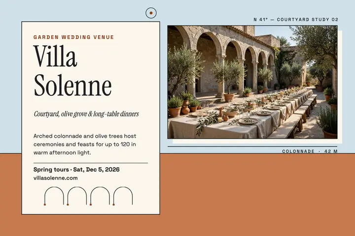 Villa Solenne courtyard venue collage postcard: wedding venue postcard template