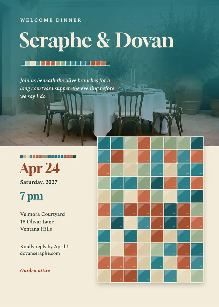 Courtyard wedding welcome dinner invitation, zellige glaze template