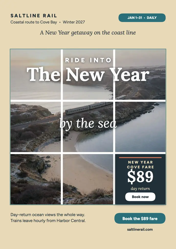 Saltline Rail New Year cove flyer: new year train getaway flyer template