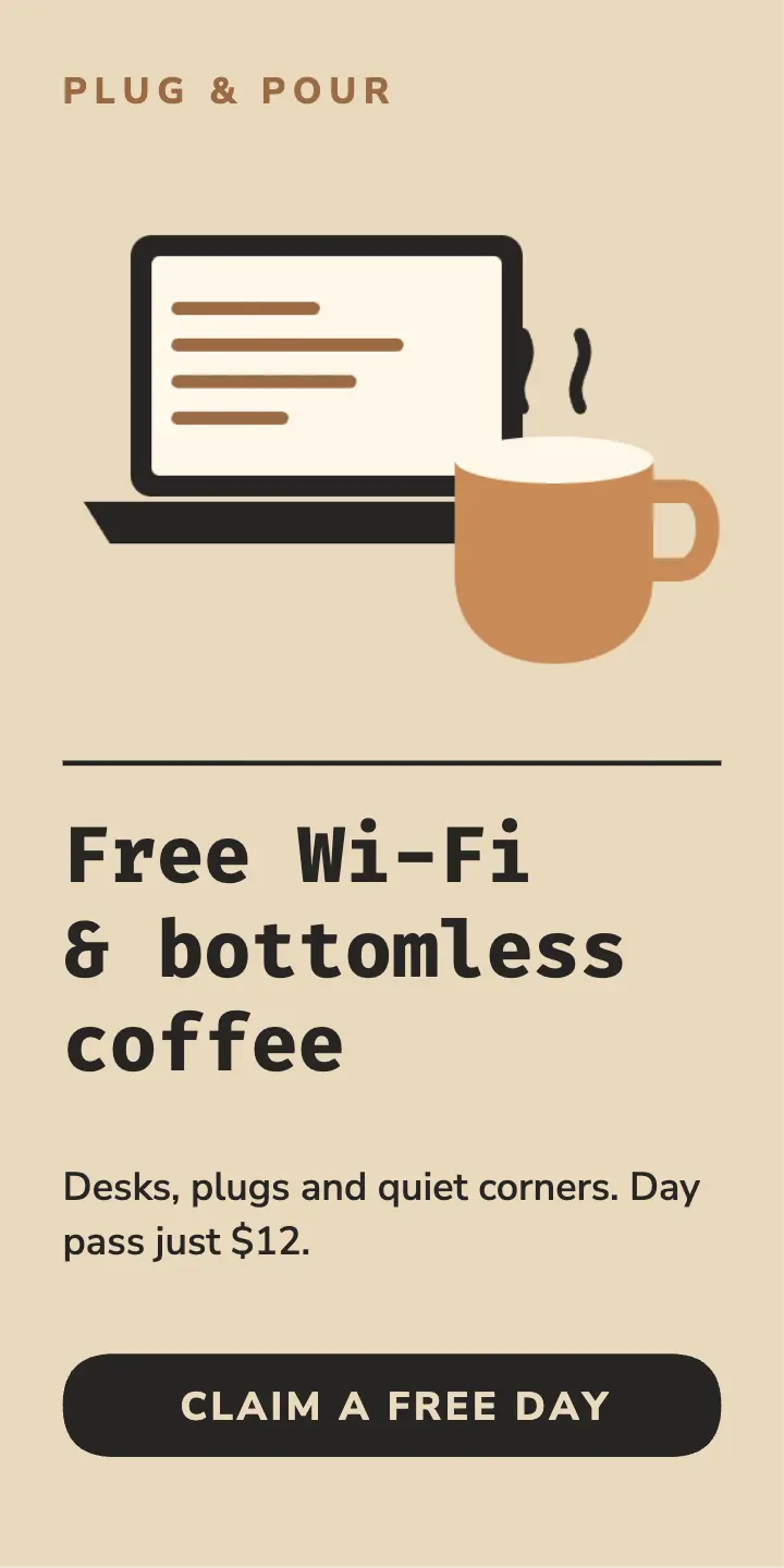Coworking cafe half-page ad template