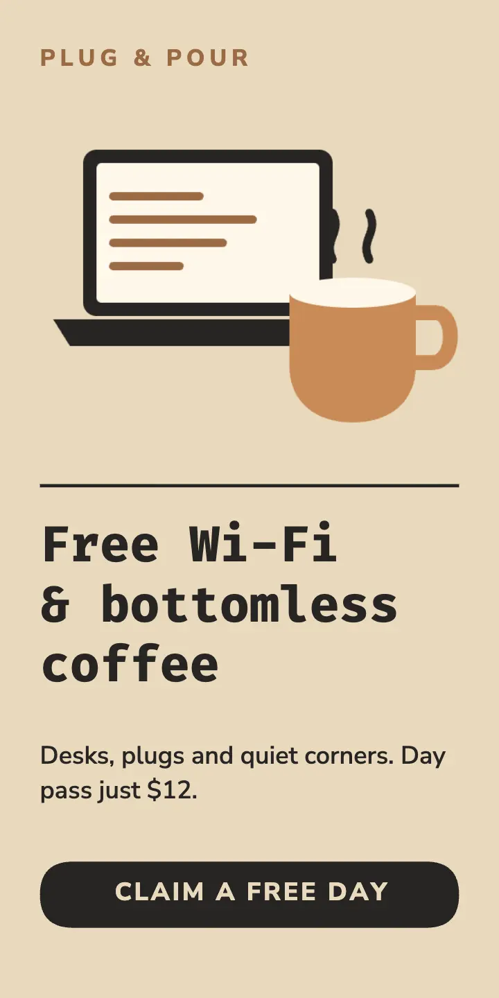 Coworking cafe half-page ad template