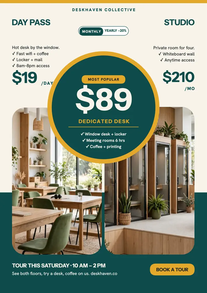 Deskhaven coworking plans tier flyer template