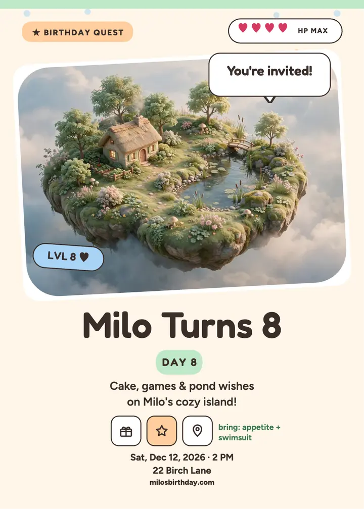 Milo Turns 8 cozy game invite template