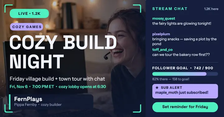FernPlays cozy build night stream post: cozy gaming stream announcement template