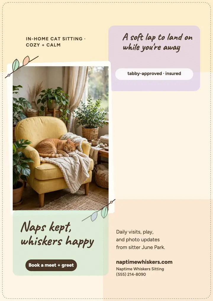 Naptime Whiskers cozy cat sitting flyer template