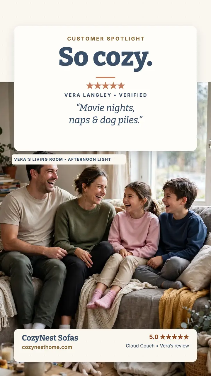 CozyNest customer spotlight couch story: customer spotlight story template