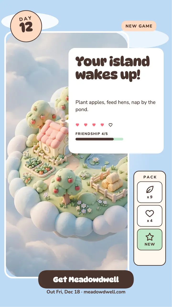 Meadowdwell cozy farm game story: farming game launch story template
